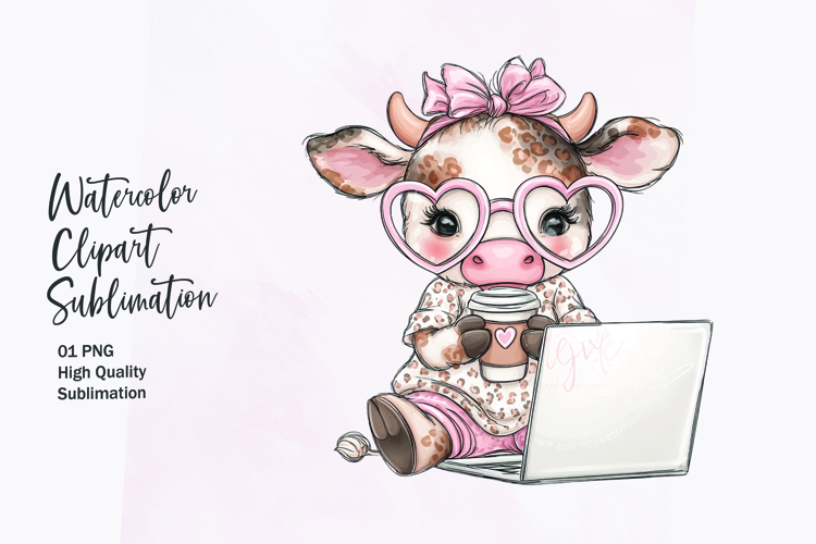 Cute Highland Cow with Coffee Laptop Watercolor Clipart