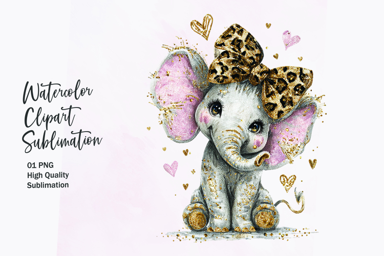 Baby Elephant with Bow Hearts Watercolor Clipart Sublimation