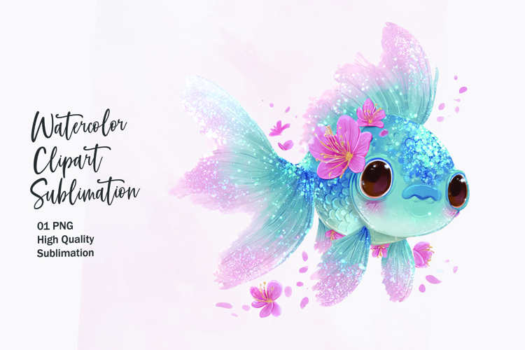 Blue Fish with Flower Crown Watercolor Clipart Sublimation