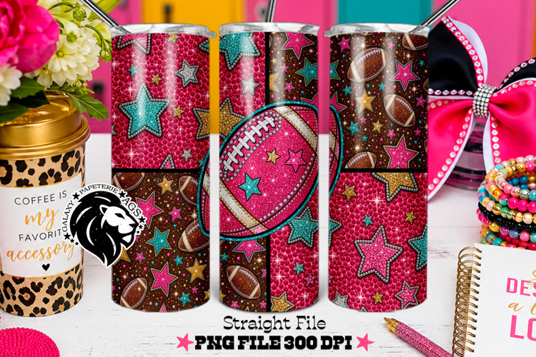 Glitter Football Tumbler Design, Stars, Teal Pink