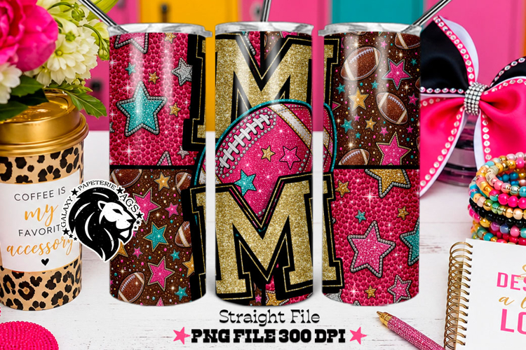 Glitter Football Mom Tumbler Design, Stars, Teal Pink