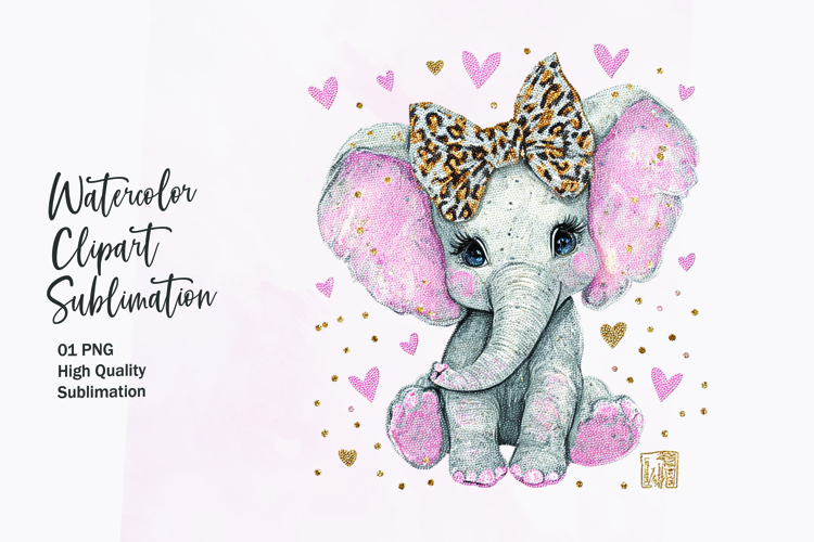 Baby Elephant with Bow Hearts Watercolor Clipart Sublimation