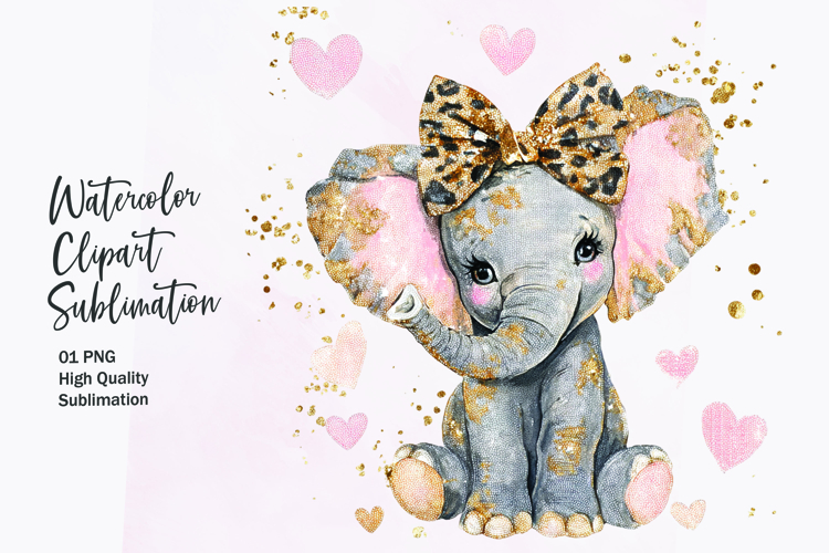 Baby Elephant with Bow Hearts Watercolor Clipart Sublimation