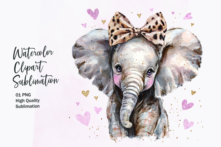 Baby Elephant with Bow Hearts Watercolor Clipart Sublimation