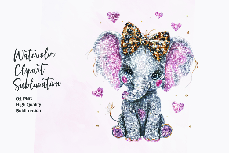 Baby Elephant with Bow Hearts Watercolor Clipart Sublimation
