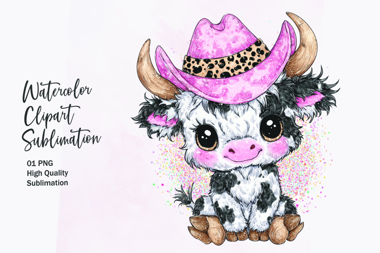 Baby Highland Cow with Bow Watercolor Clipart Sublimation