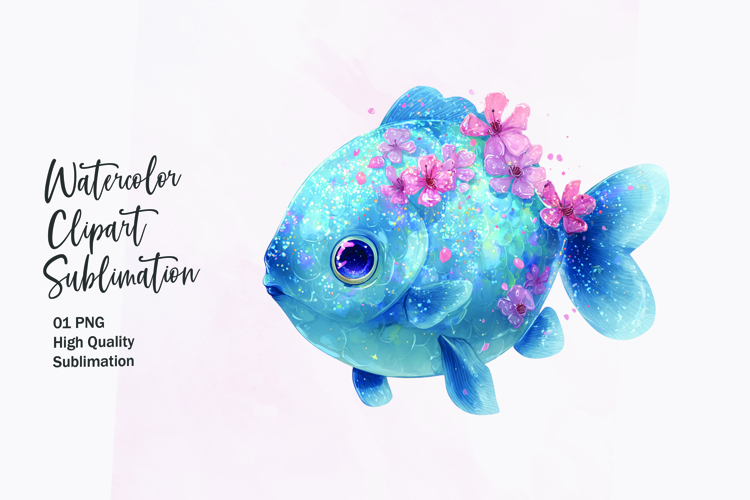 Blue Fish with Flower Crown Watercolor Clipart Sublimation