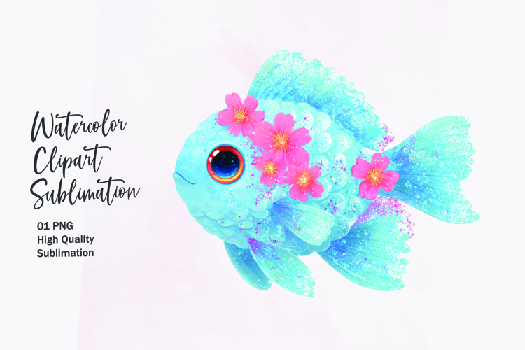 Blue Fish with Flower Crown Watercolor Clipart Sublimation