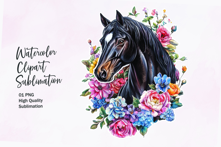 Horse head with flowers watercolor clipart sublimation