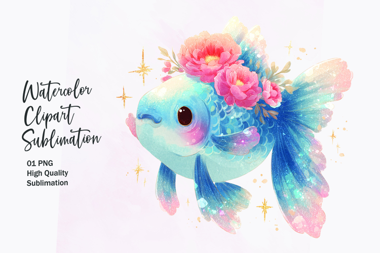 Blue Fish with Flower Crown Watercolor Clipart Sublimation