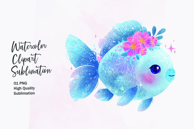 Blue Fish with Flower Crown Watercolor Clipart Sublimation