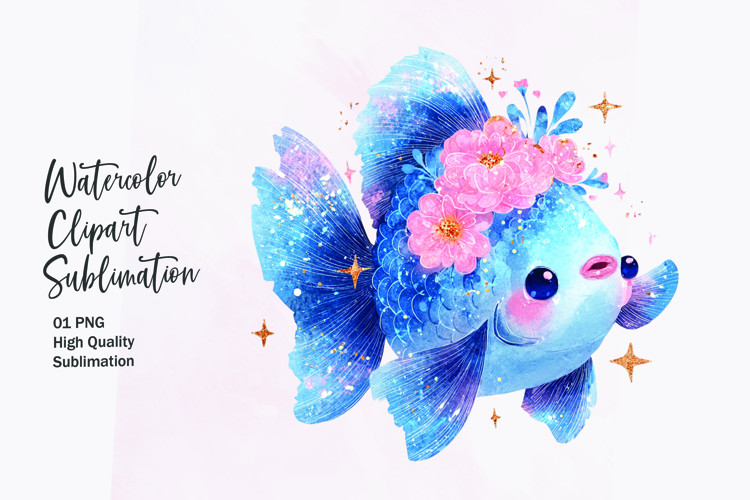 Blue Fish with Flower Crown Watercolor Clipart Sublimation