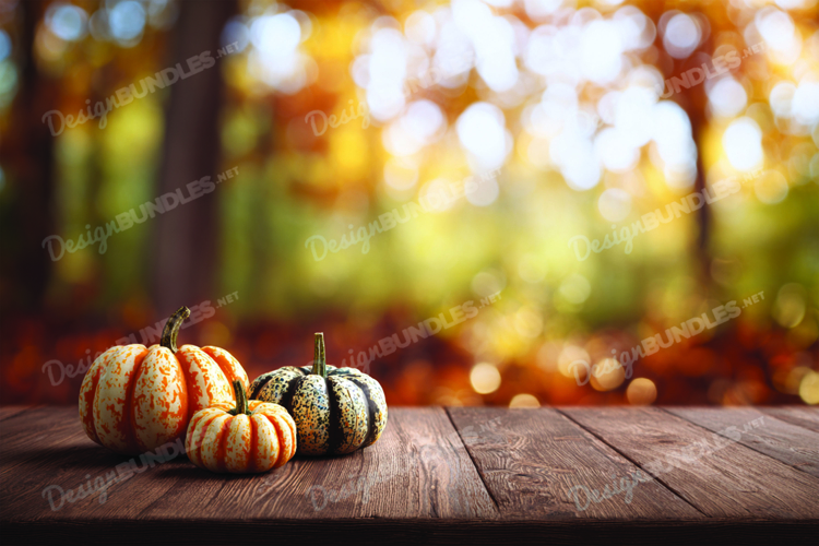 Autumn Fall Pumpkins on Wooden Table with Leaves