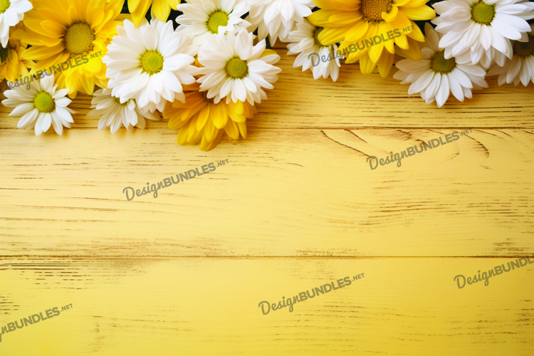 Daisy flowers on yellow wooden background, digital paper