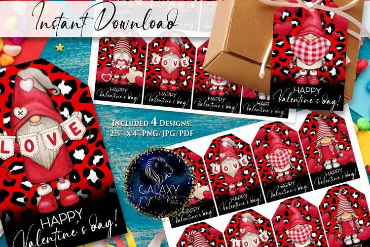 Gnomes Valentines Day Favor Tag, Happy Valentine's Day Tag