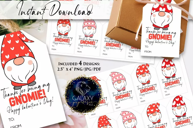 Gnome Valentines Day Favor Tag, Happy Valentine's Day Tag