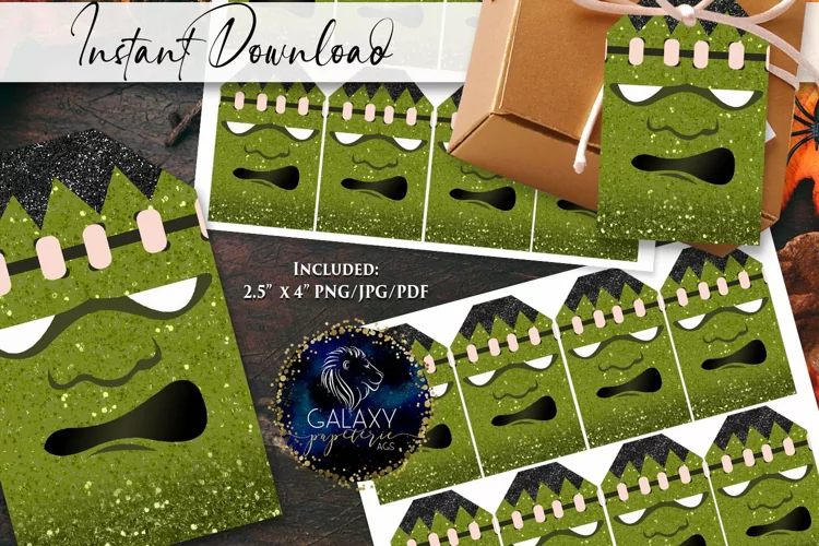 Frankenstein Halloween Glitter Favor Tag. Halloween Tag Tags