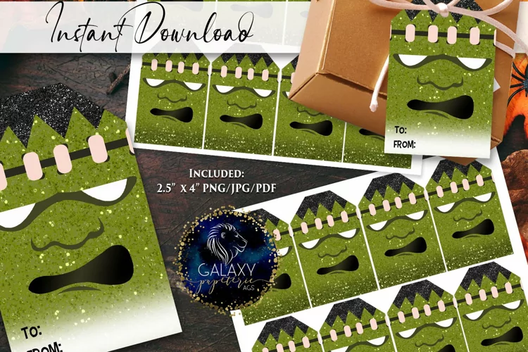 Frankenstein Halloween Glitter Favor Tag. Halloween Gift Tag