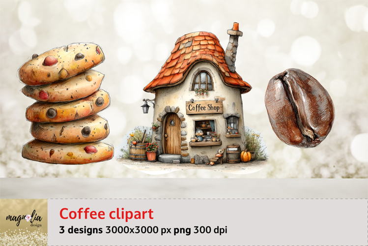 Coffee bean, Fairytale house, Cafe shop watercolor clipart