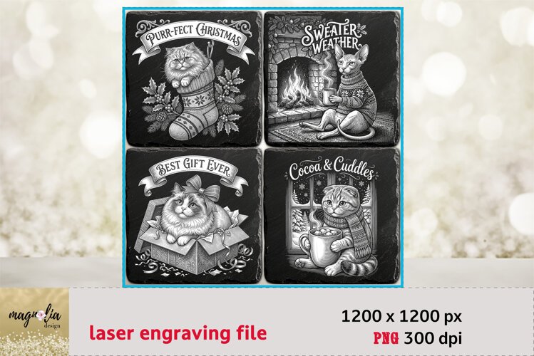 Cozy Cat PNG | Christmas Laser Engraving Slate Coaster example image 1