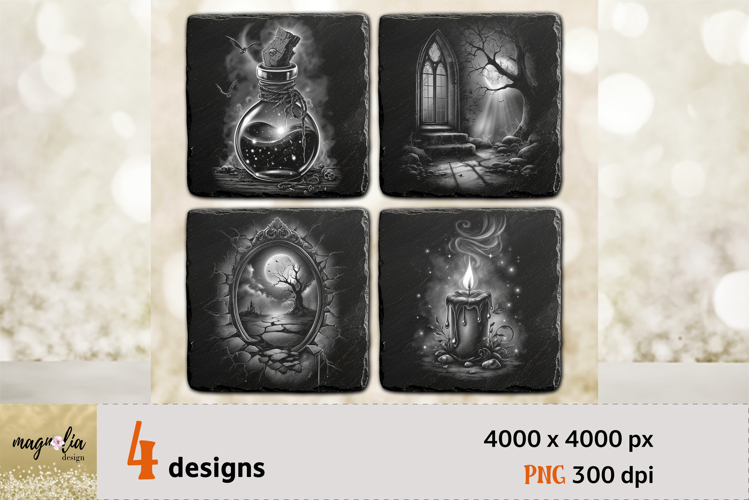 Halloween slate Coaster Laser Engraving PNG