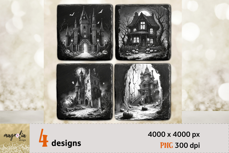 Hounted House Halloween slate Coaster Laser Engraving PNG