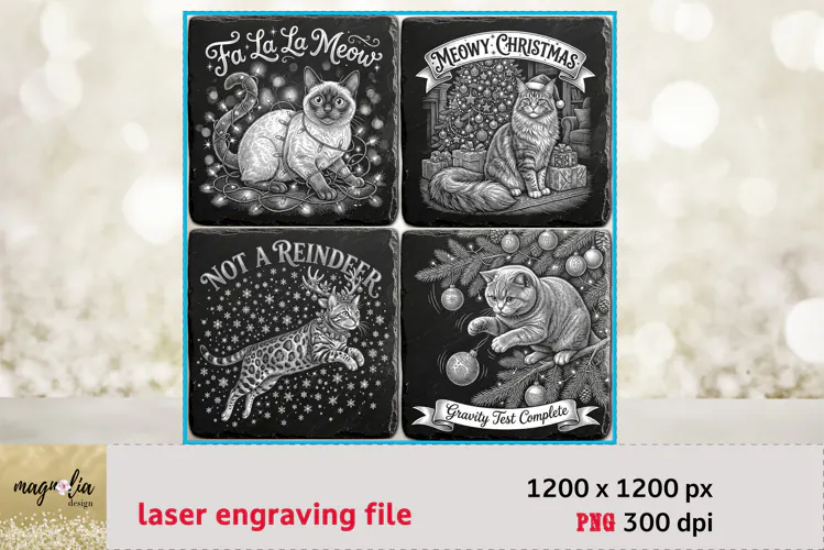 Christmas Cat PNG | Laser Engraving Slate Coaster Files