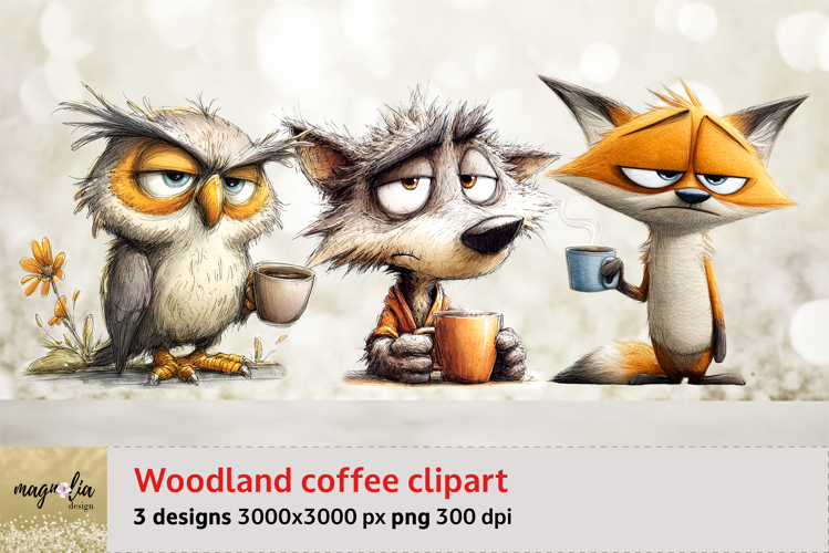 Quirky owl, Fox, Volf with coffee mug watercolor sublimation