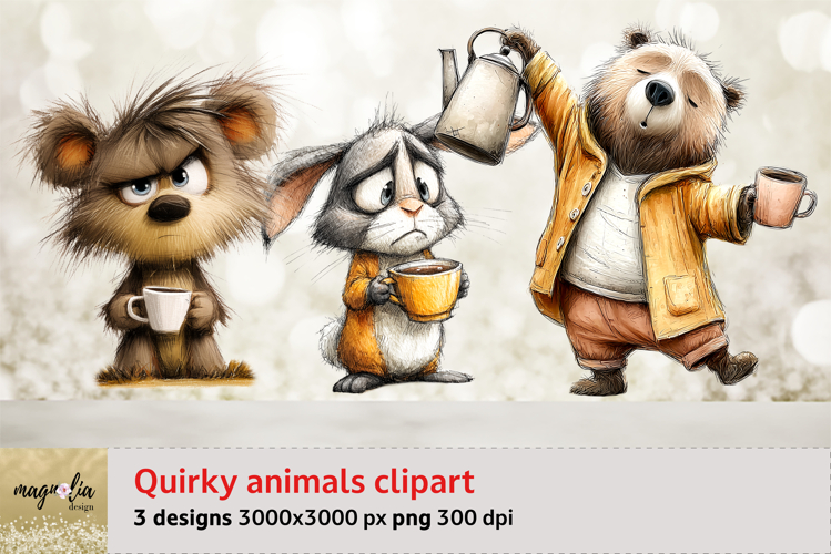 Quirky Bear, Hare, with coffee mug watercolor png