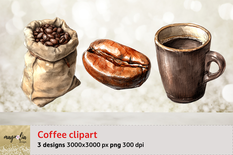 Coffee bean, coffee mug watercolor clipart png