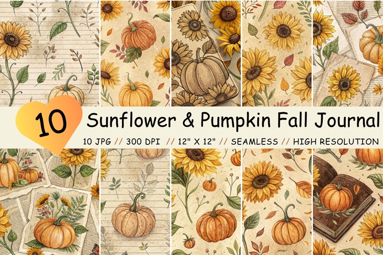 Pressed Sunflower & Pumpkin Fall Journal Seamless Pattern
