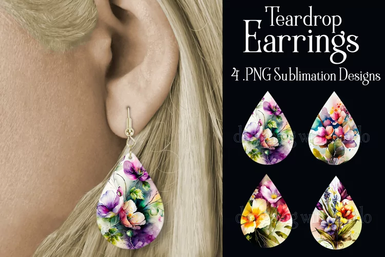 Watercolor Flower Earrings, Floral Teardrop Earrings, s1
