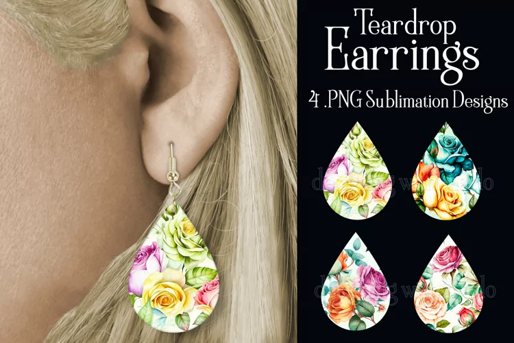 Watercolor Roses Earrings, Floral Teardrop Earrings, s1