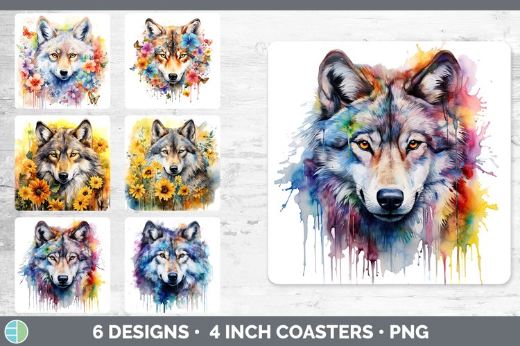 Bundle of six Watercolor Wolves Square Coaster designs.