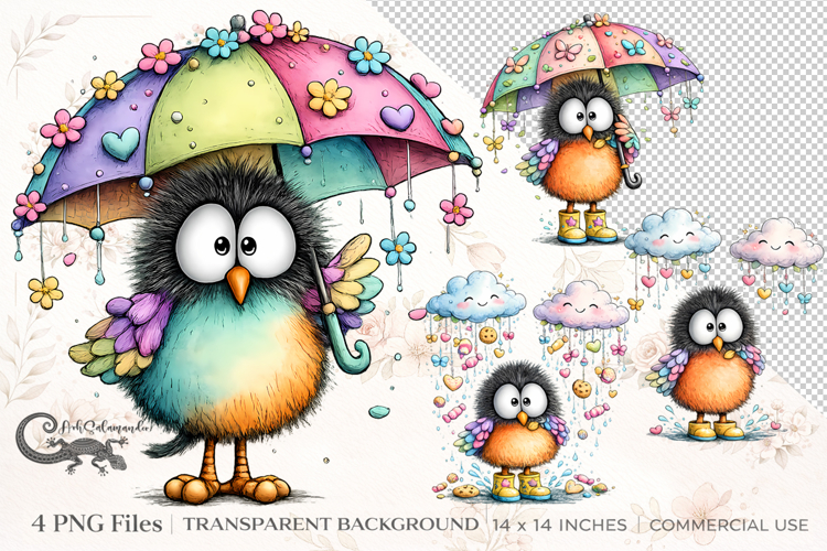 Cute Bird Rainy Day Clipart Set | 4 PNG sublimation designs