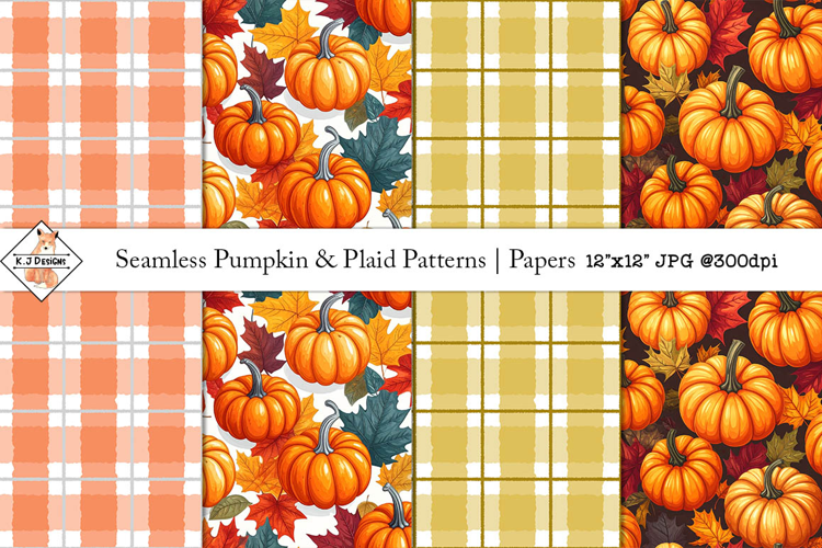 Seamless Fall Pumpkin and Plaid Patterns | Digital Papers