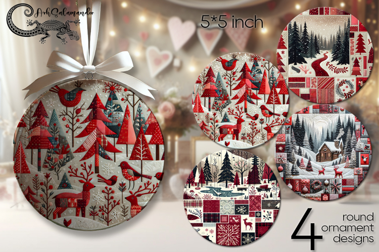 Xmas patchwork landscape | 4 Round ornaments sublimation P