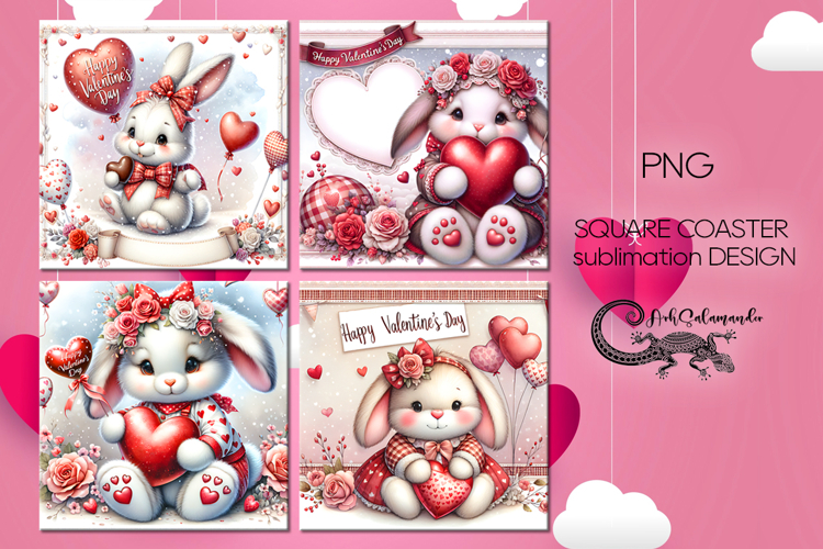 Valentine Rabbit | 4 love square coaster sublimation designs