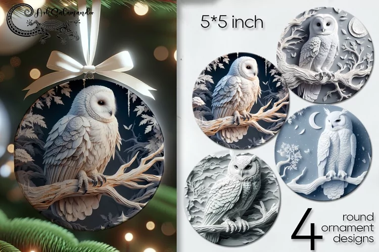 Wooden owl | 4 Round ornaments sublimation designs