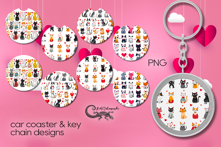 Valentine cat | love 4 car coaster & 4 key chain designs