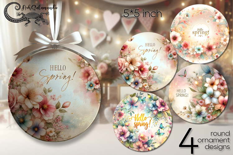 Hello spring | 4 flowers round ornaments sublimation P2