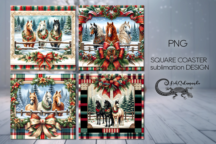 Country Xmas | 4 horse square coaster sublimation designs