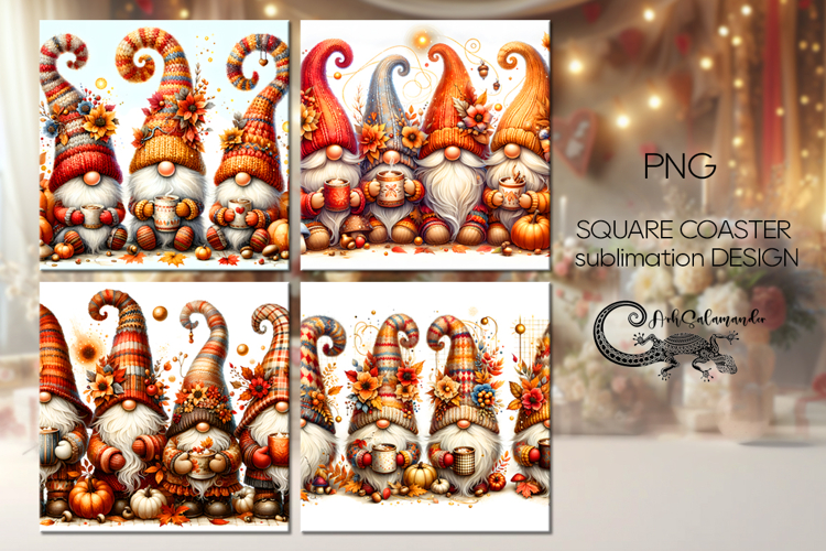 Autumn gnomes | 4 fall square coaster sublimation designs