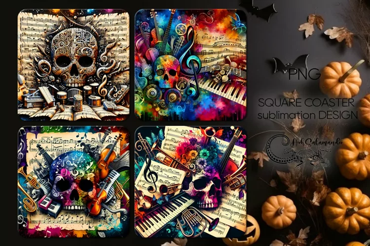 Music & Skulls | 4 Halloween square coaster sublimation P