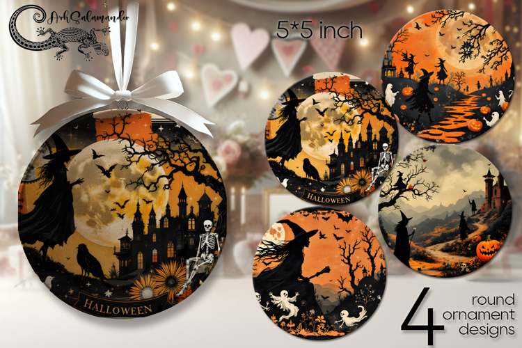 Vintage halloween | retro round ornaments sublimation design