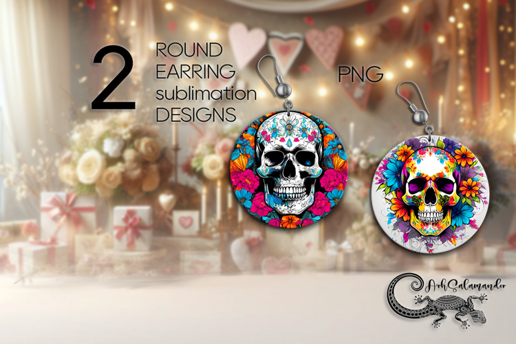 Skull and flowers | Sublimation round earring design PL
