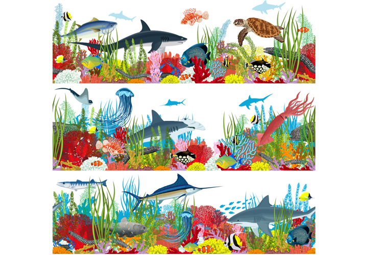 Set of seamless vector underwater coral reef with fishes