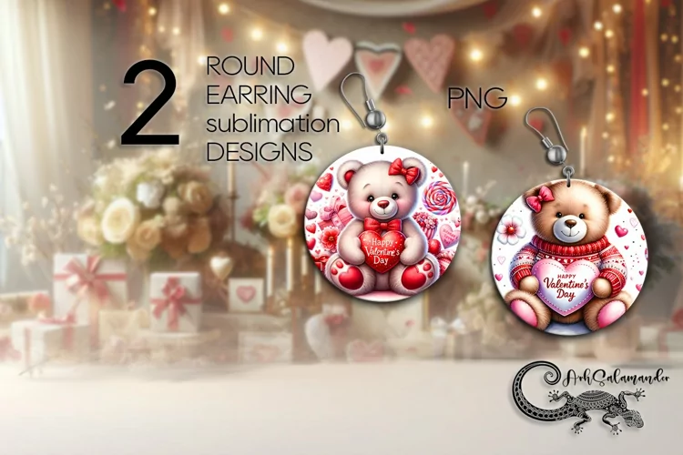 Valentine teddy bear | Round Earring Sublimation design P