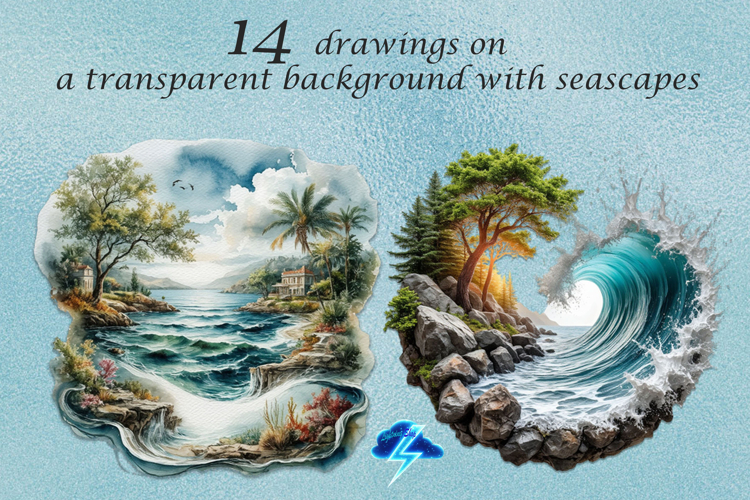 Clipart | 14 drawings with seascapes, PNG