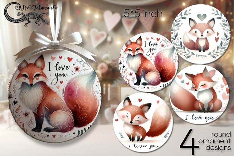 Valentine fox | 4 love round ornaments sublimation designs